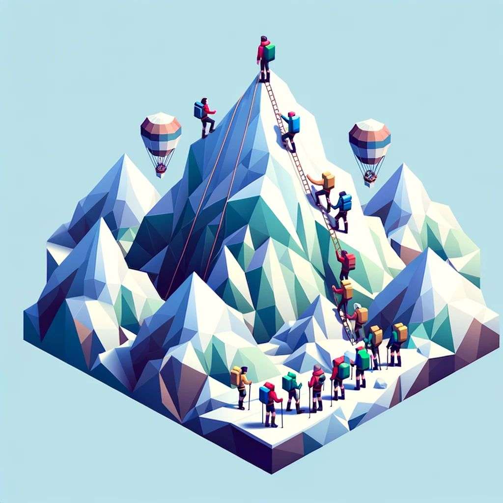 someone gazing at Mount Everest, low polygon isometric render